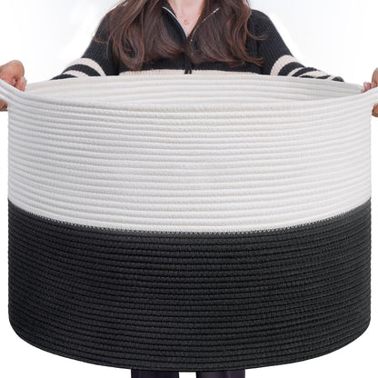 INDRESSME XXXLarge Blanket Basket for Living Room 21.7" x 21.7" x 13.8"-Storage Basket with Handle for Organizing Toy Pillows Woven Cotton Rope Laundry Basket Stuffed Animal Toy Storage for Play Room