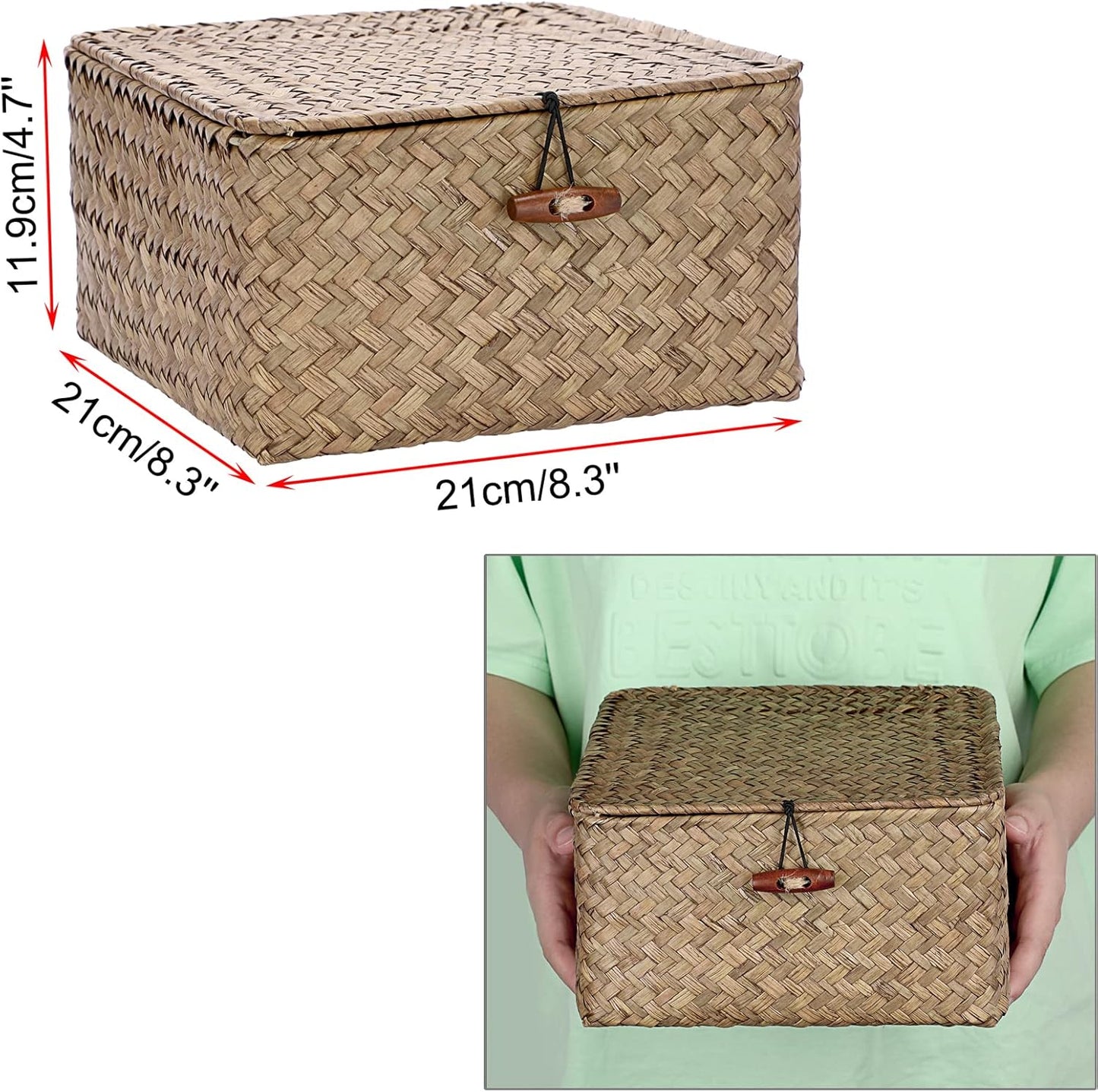 Hipiwe Seagrass Basket with Lid Wicker Storage Basket Square Handwoven Decorative Baskets Box for Shelf Multipurpose Household Baskets Home Decor,X-small