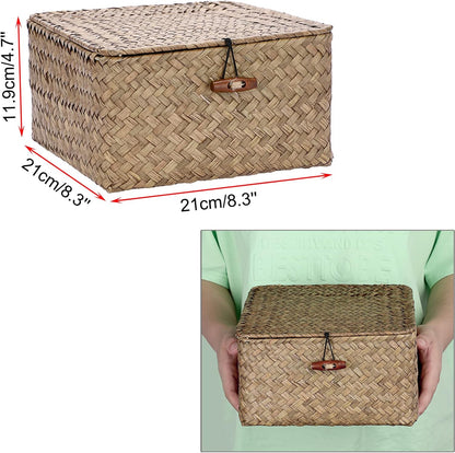 Hipiwe Seagrass Basket with Lid Wicker Storage Basket Square Handwoven Decorative Baskets Box for Shelf Multipurpose Household Baskets Home Decor,X-small