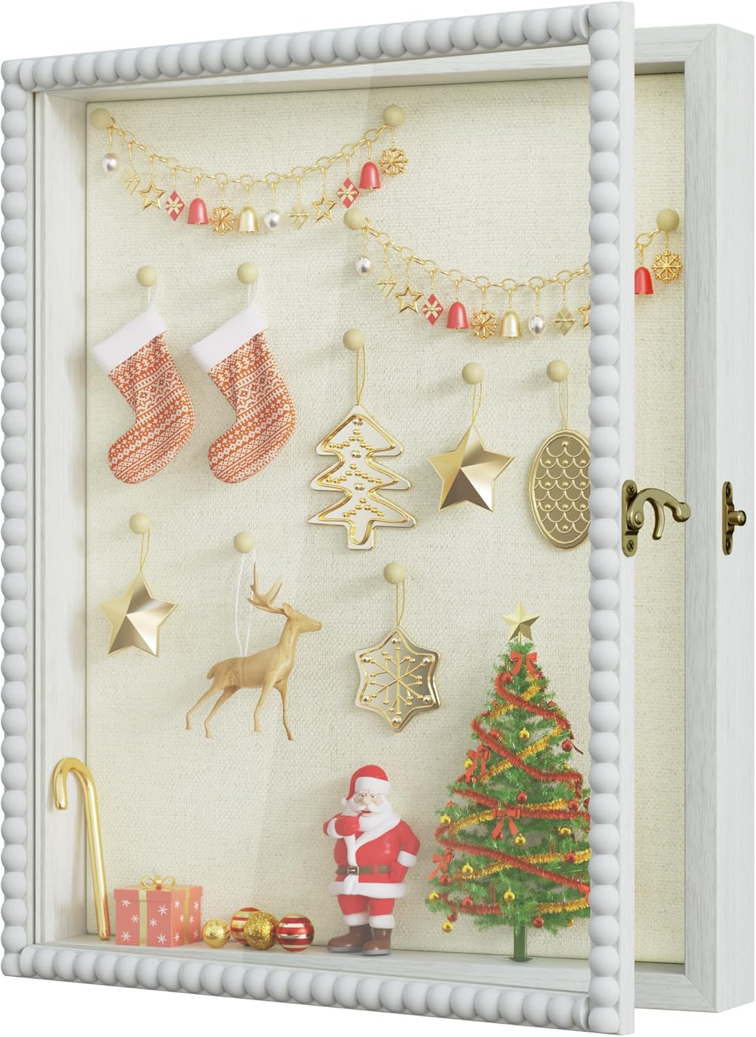 Love-KANKEI Shadow Box Frame 11x14, Deep Large Shadow Box Display Case with Unique Beads Door and Glass Window, Wood Memory Box for Pictures,Medals,Memorabilia,Collections White