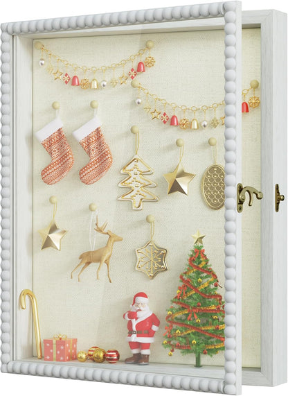 Love-KANKEI Shadow Box Frame 11x14, Deep Large Shadow Box Display Case with Unique Beads Door and Glass Window, Wood Memory Box for Pictures,Medals,Memorabilia,Collections White