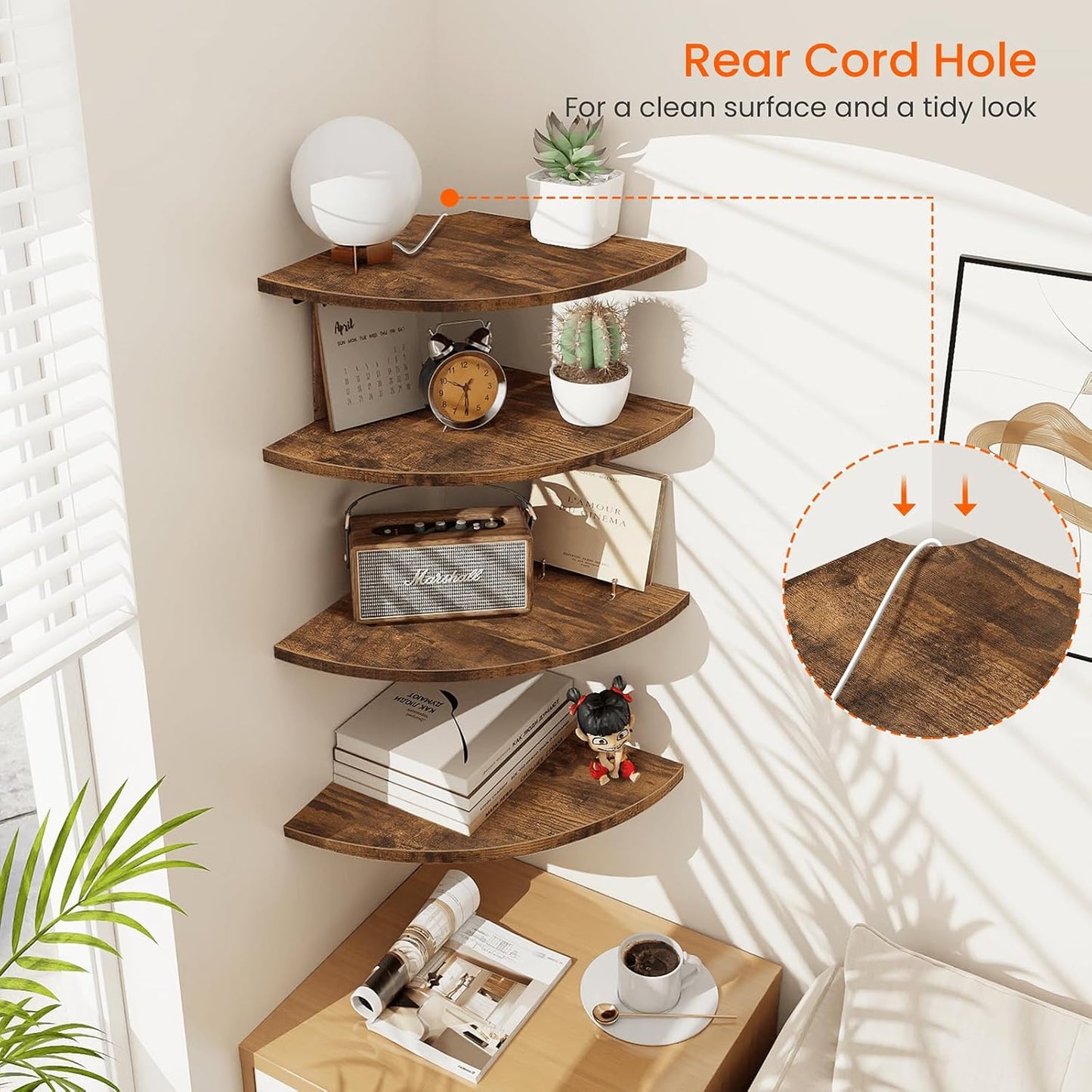Homode Corner Wall Shelf, 12 in Wide Rounded Corner Shelf Floating, Set of 2 Wooden Hanging Corner Shelves with Wire Hole for Bathroom Living Room Office, White