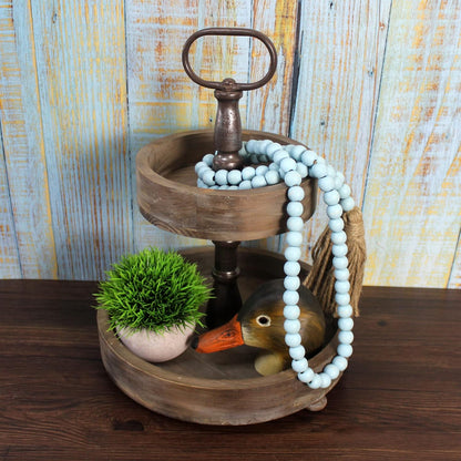 CVHOMEDECO. Wood Beads Garland with Tassels Farmhouse Rustic Wooden Prayer Bead String Wall Hanging Accent for Home Festival Decor. Mix Distressed