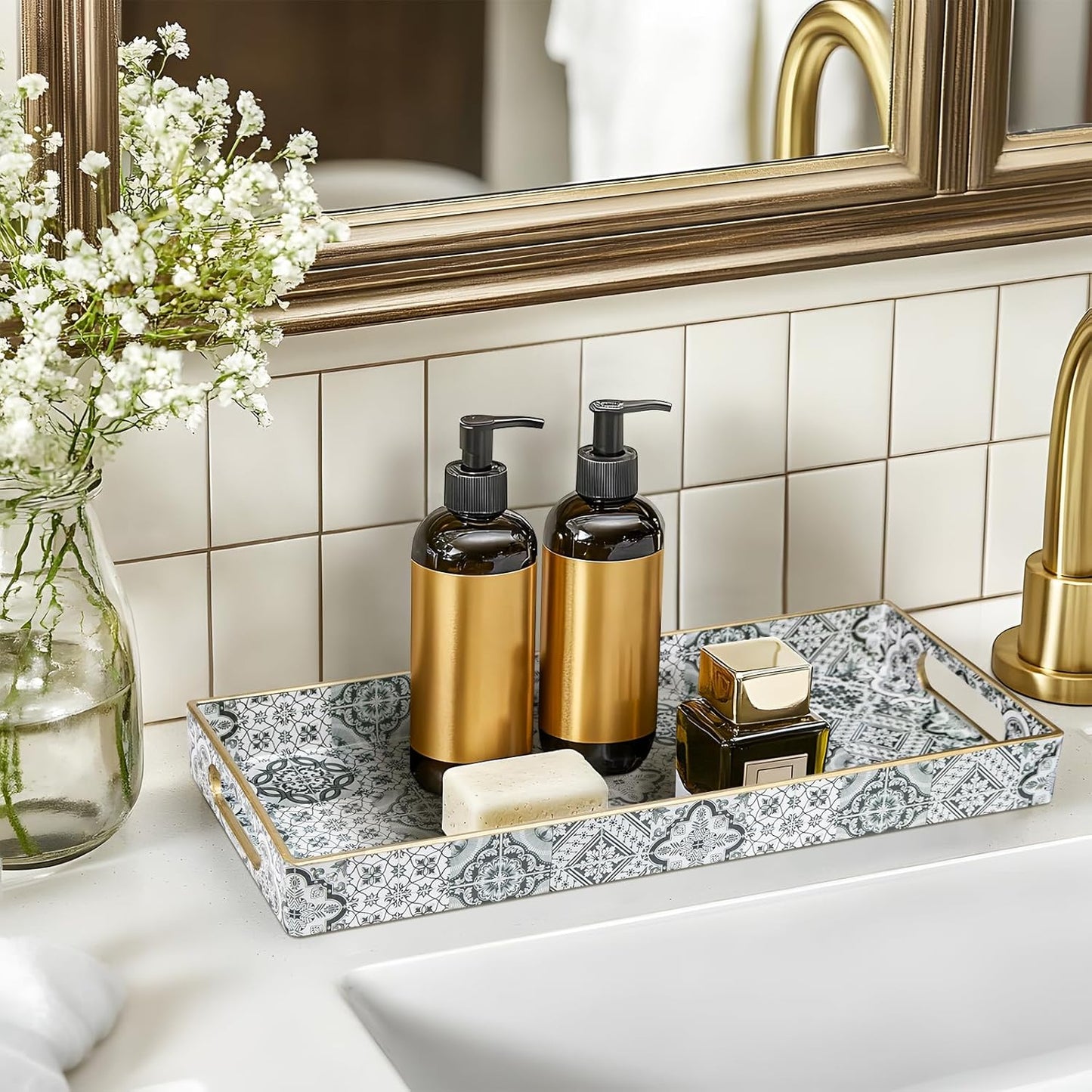 MAONAME White Decorative Tray, Plastic Serving Tray with Handles, Rectangular Moroccan Trays, Long Narrow Trays for Bathroom, Kitchen Counter, 13.8" X 6" X 1.57"