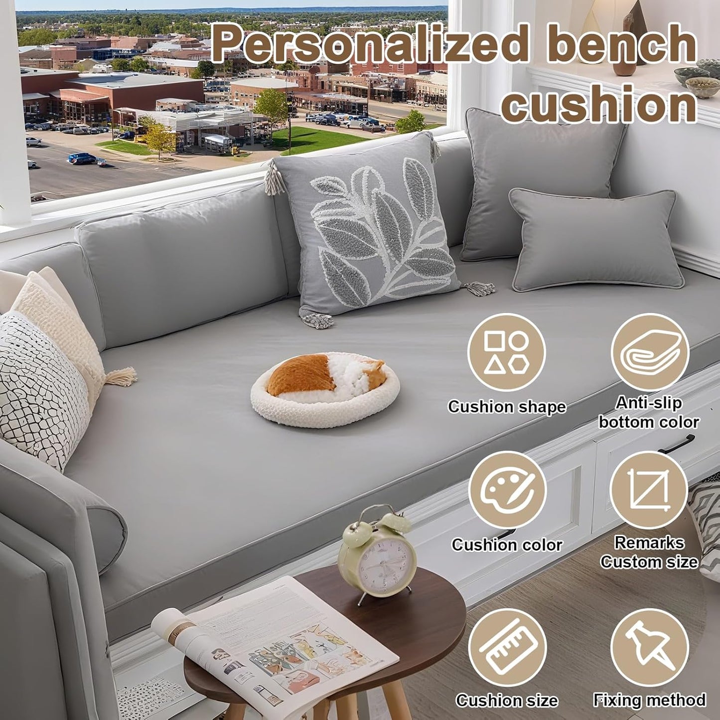Custom Size Bench Cushion, Custom Bench Cushions for Indoor Furniture, 75D Foam Furniture Window Seat Cushion, Breakfast Nook, Mudroom, Banquette Bench Cushion, Non-Slip Bottom, Pipe Design