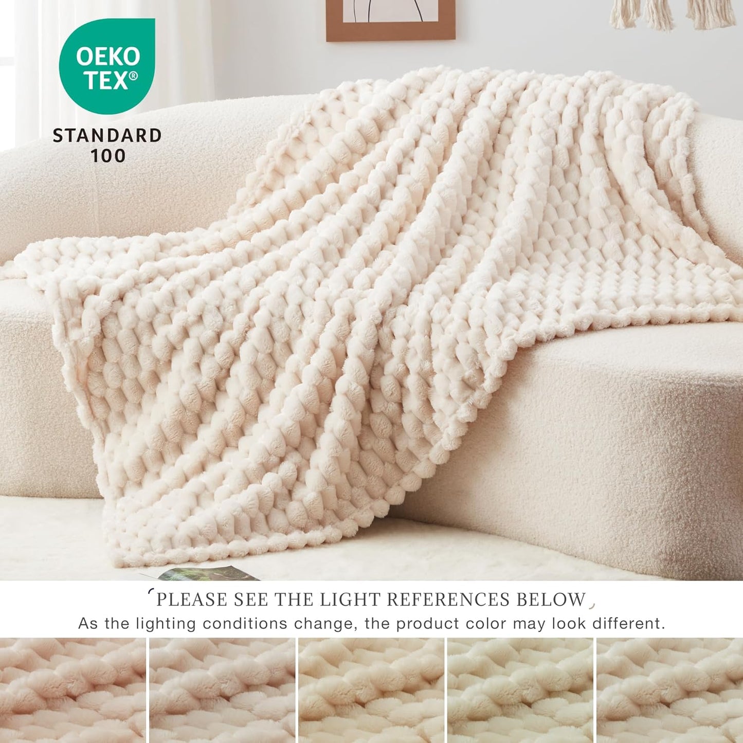 EXQ Home Fleece Throw Blanket for Couch or Bed - 3D Imitation Turtle Shell Jacquard Decorative Blankets - Cozy Soft Lightweight Fuzzy Flannel Blanket Suitable for All Seasons(50"×60",Beige)