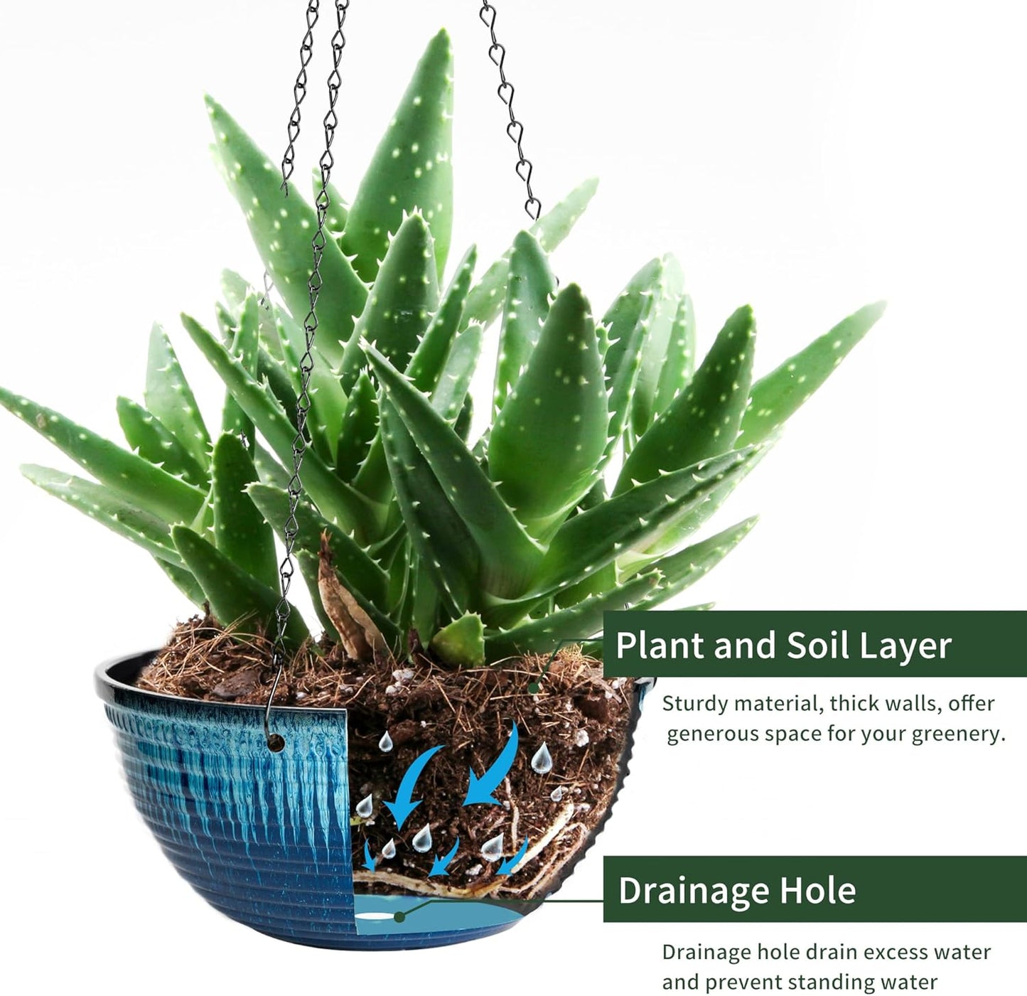 Vanslogreen 2 Pack Hanging Planters for Indoor Outdoor Plants, 10 Inch Hanging Planter with Drainage Hole & Plug Glazed Hanging Baskets Flower Pots for Garden Home (Blue)