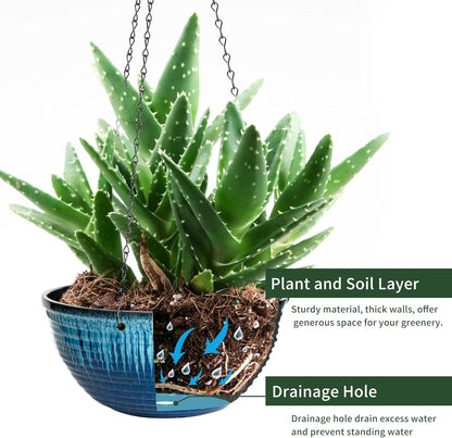 Vanslogreen 2 Pack Hanging Planters for Indoor Outdoor Plants, 10 Inch Hanging Planter with Drainage Hole & Plug Glazed Hanging Baskets Flower Pots for Garden Home (Blue)
