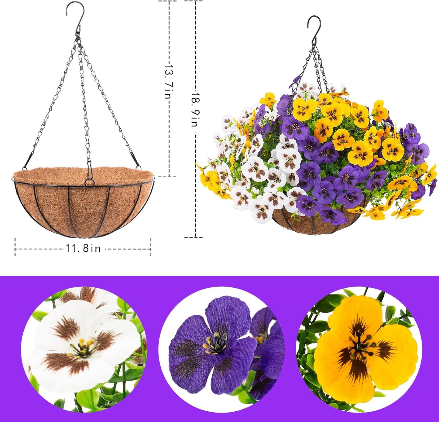 lovemoon 2 Sets Artificial Hanging Pansy Flowers with Baskets, 24 Pcs UV Resistant Faux Silk Pansy Outdoor Hanging Flower for Porch Patio Garden Home Spring Decor (2, White,Yellow,Purple)