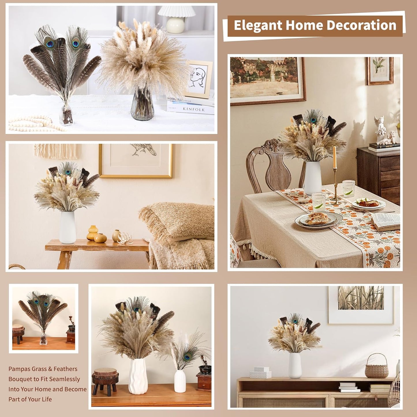 Bpole Dried Pampas Grass Bouquet - 92 Pcs 11-13 inch Pampas Grass Decor with Bunny Tails,Eucalyptus & Lavender Dried Boho Flowers for Vase Wedding Home Table Decor,Rustic Farmhouse Party