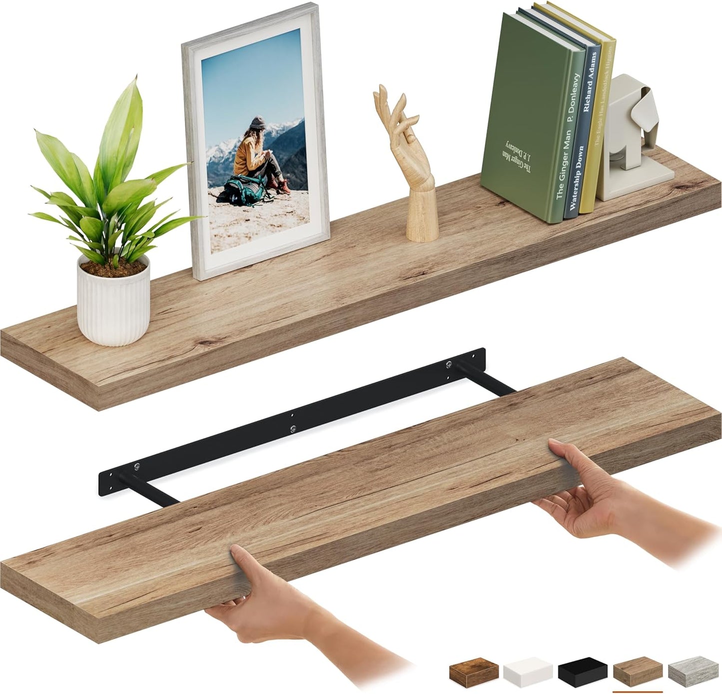 Ballucci Floating Shelves for Wall, 48" Wood Wall Shelf Set of 2, with Invisible Brackets for Bathroom, Living Room, Bedroom, Kitchen, Nursery, 8" Deep, Black