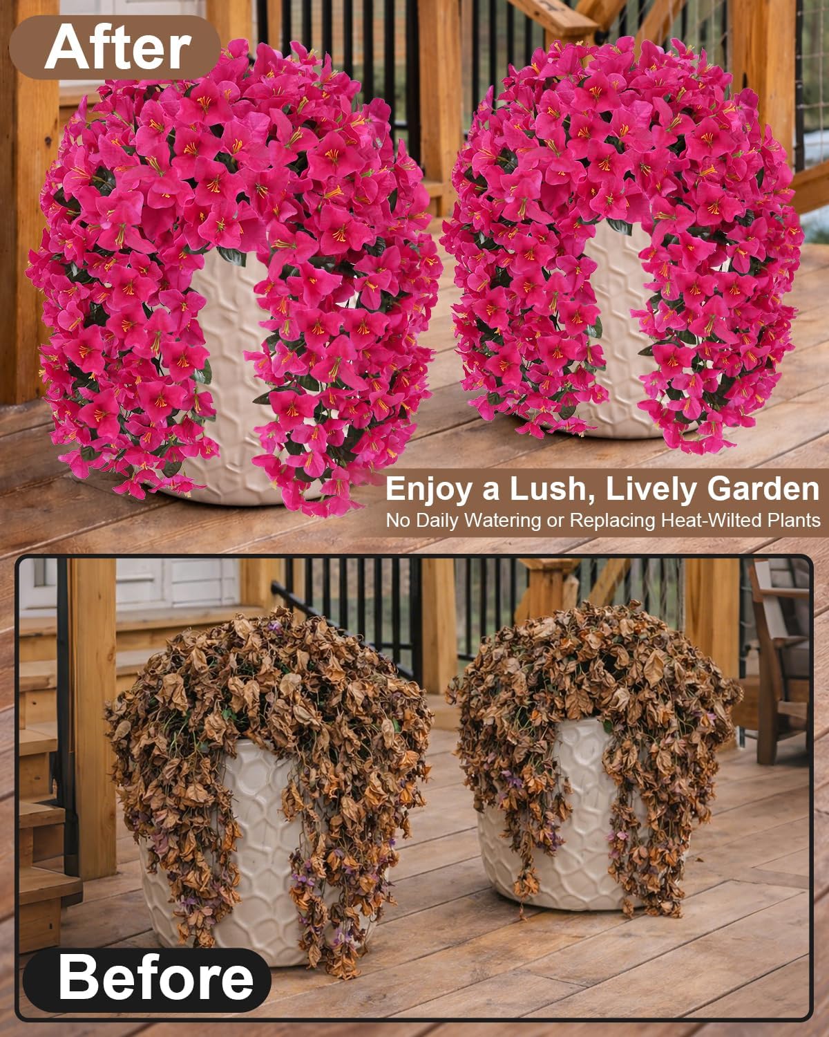 Artificial Flowers for Outdoors – 2 Bundles of UV-Resistant Artificial Bougainvillea, Realistic Silk Flowers for Front Porch, Patio, Garden, Window Boxes & Hanging Baskets (Hot Pink, 2)