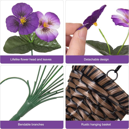 HyeFlora Artificial Flowers for Outdoors, 2pcs Faux Silk Pansies Flowers UV Resistant Fake Hanging Flower Plants for Outside Planters Porch Yard Patio Window Box (Mix Purple)