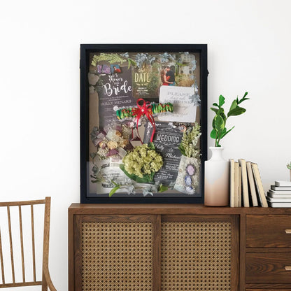 GraduationMall 13x16 Wood Shadow Box Frame Glass Door Display Case with Linen Back and 6 Stick Pins,1.5 inches Interior Depth,Ideal for Memorabilia Pictures Flowers Medals Tickets Rustic White