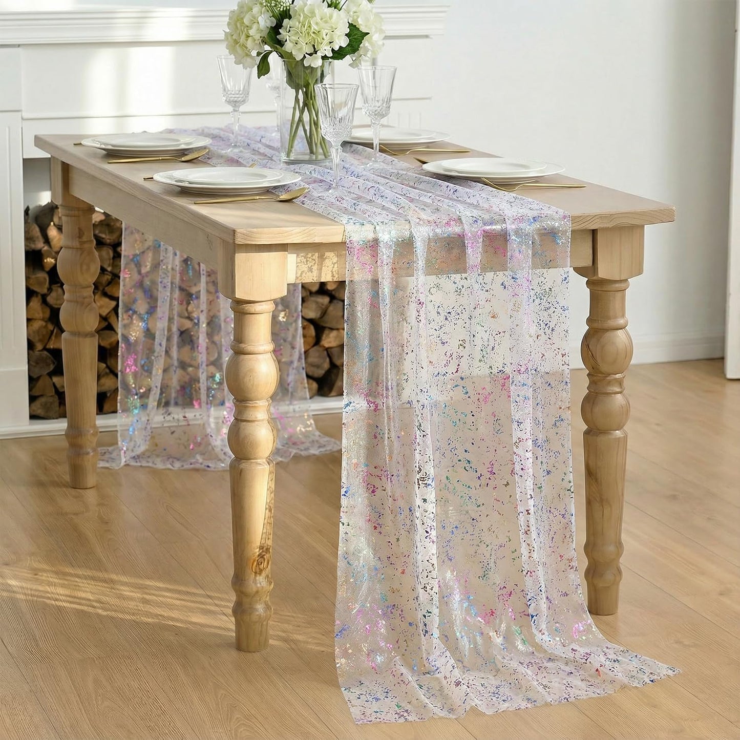 Artoid Mode Beige Gold Gauze Table Runner 120 Inch 10FT, Glitter Metallic Foil Sheer Dining Wedding Anniversary Holiday Birthday Table Decor for Home Party