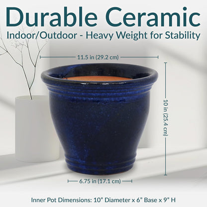 Sunnydaze Large Ceramic Plant Pot - Round Outdoor Glazed Ceramic Planter Pot with Drainage - Studio - Imperial Blue - 18.5"