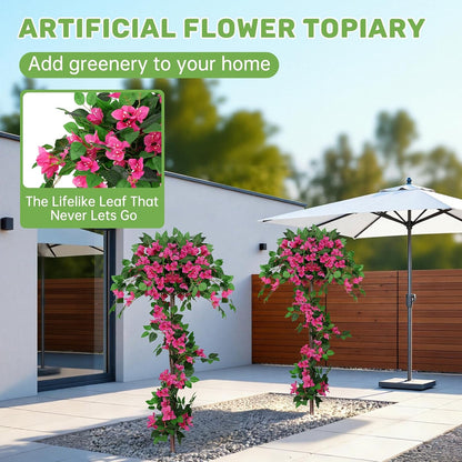 2Pack 4FT Artificial Bougainvillea Topiary Trees for Outdoor, Fake Silk Flowers Plants Bushes with Ground Spike, Faux UV Resistant Shurbs Trees for Outside,Front Porch,Patio,Balcony Decor