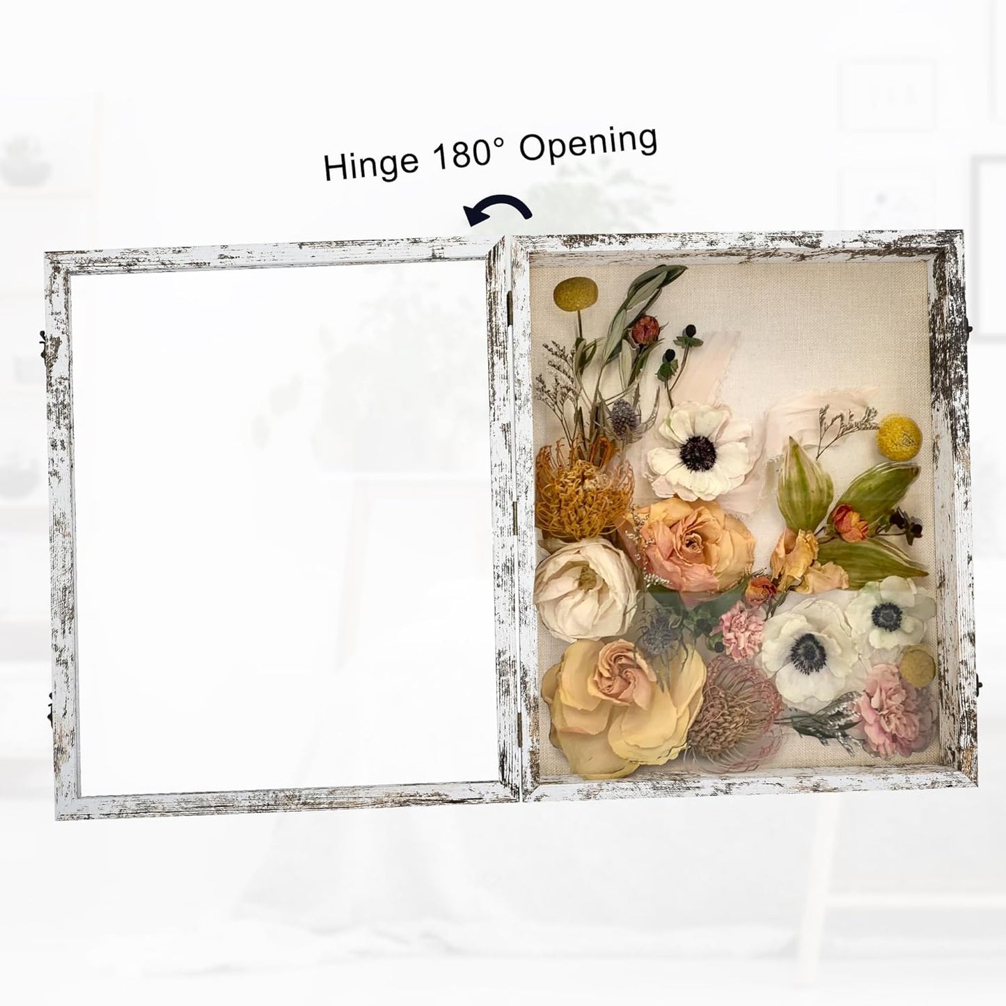 GraduationMall 13x16 Wood Shadow Box Frame Glass Door Display Case with Linen Back and 6 Stick Pins,1.5 inches Interior Depth,Ideal for Memorabilia Pictures Flowers Medals Tickets Rustic White