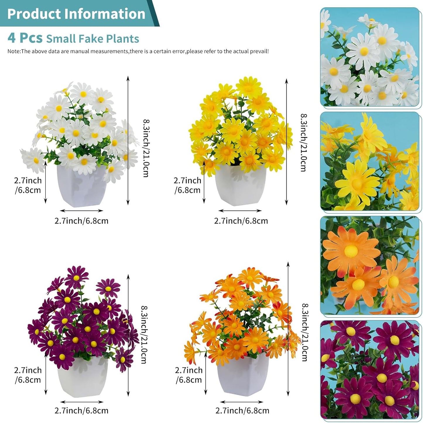 LOYWREE 4 Pack Small Artificial Mums Flowers in White Pots, Fake Mini Potted Plants, Spring Floral Decor for Home Bathroom Shelves Office Desk Table Centerpiece Indoor Decoration