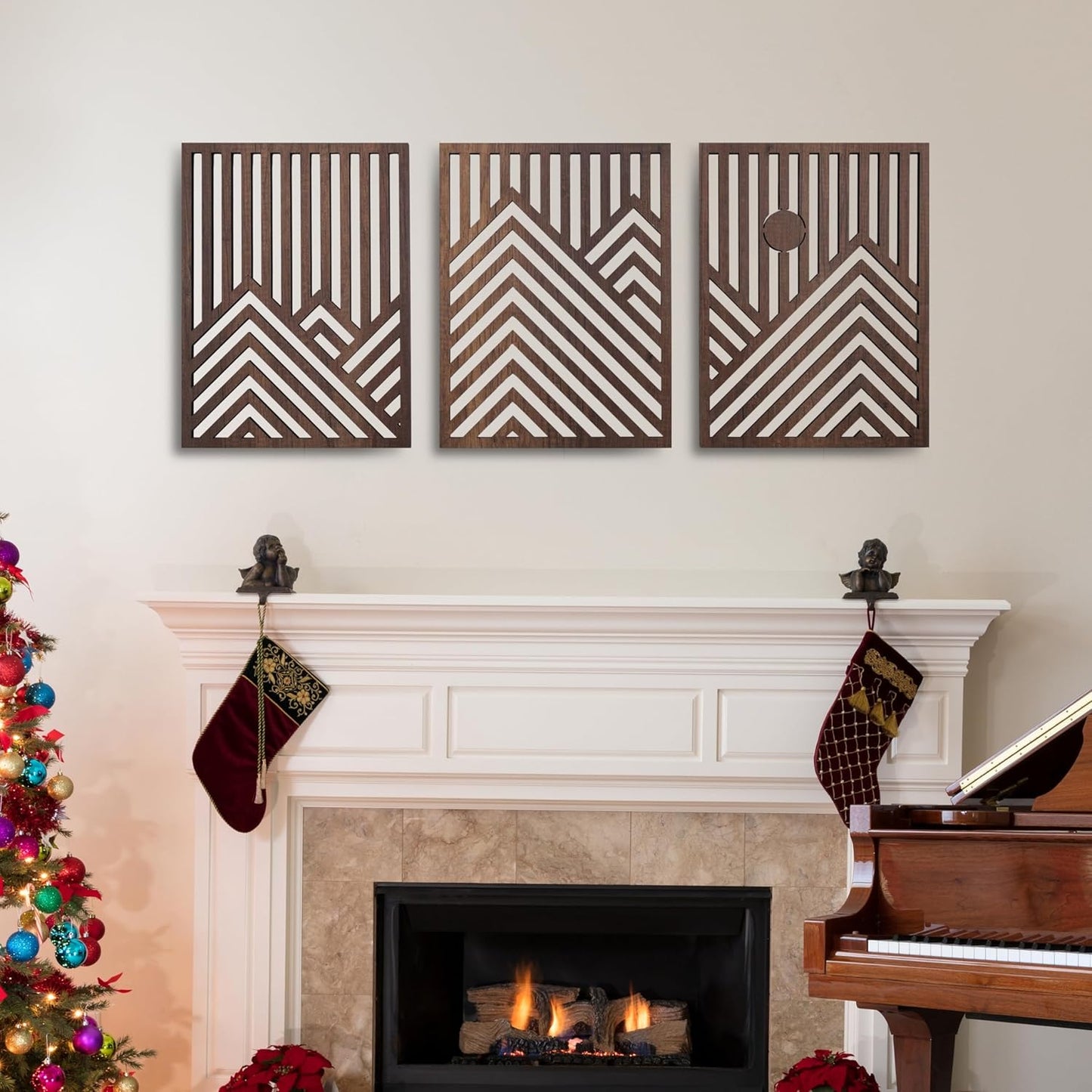 qmmp Modern Wooden Wall Sculptures - Set of 3 - Home Decor Accent - Large Wall Art for Living Room, Bedroom, Office - Easy Installation (Oak, Medium - Mountain and Sun)