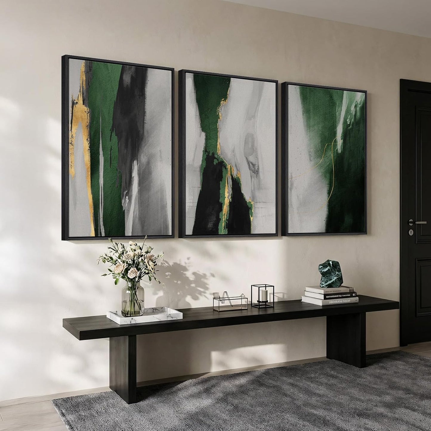 Large Framed Abstract Nature Landscape Wall Art for Living Room, Set of 3 Modern Canvas Prints Paintings Artwork for Walls, Green Lake Pictures for Hallway, Dining Room, Office Wall Decor 24x36 Inch