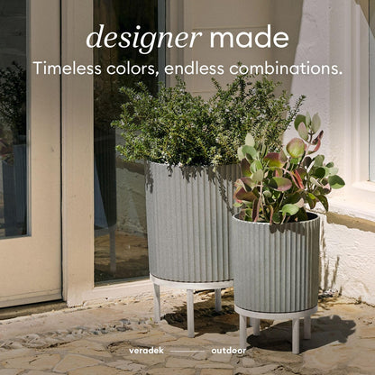 Veradek Demi Series Round Planter w/ Stand for Porch/Patio | Durable Plastic-Concrete & Wooden Stand | Modern Décor for Tall Plants, Flowers