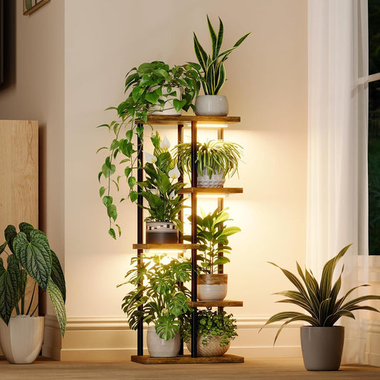 Bamworld Plant Stand with Grow Light for Indoor Plants Corner 7 Tier Metal Plant Shelf Wood Flower Stand for Home Living Room Decor Patio Decor