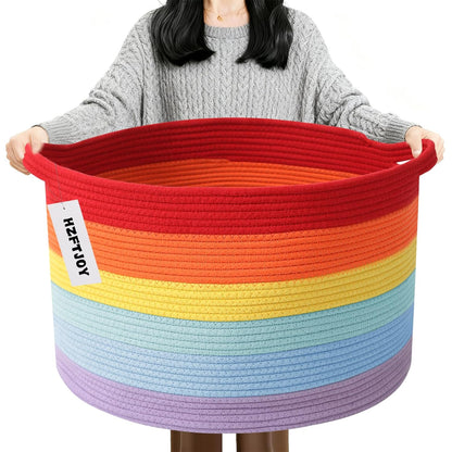 Large Woven Blanket Basket,65L Cotton Rope Laundry Basket Hamper with Handles, Decorative Nursery Basket Storage Bin for Toys, Clothes Organizer, Living Room, Bedroom, Bathroom, White & Brown