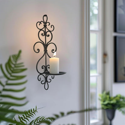 Metal Wall Candle Sconce Holder Set of 2 Hanging Wall Mounted Candle Sconces Holder, Wall Sconces Decor for Bedroom Dining Room, Black 10inch×6inch