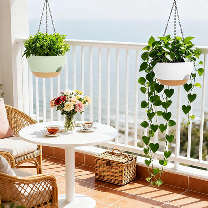 8 Inch Hanging Planters for Indoor Outdoor Plants, 4 Pack Black Plastic Self Watering Hanging Baskets with Drainage Holes and Chain for Garden Porch