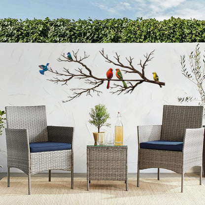 Metal Birds Wall Art, Metal Vivid Birds on Branch Silhouette Wall Decor Black Leaves with Bird Outdoor Hanging Wall Sculpture for Home Balcony Garden(Large)