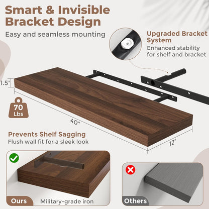 72 Inch Long Floating Shelves for Wall Set of 2, 12"D Wood Grain Bathroom Shelves with Invisible Brackets, Easy Install Engineered Wood Storage Shelves for Kitchen, Living Room, Bedroom, Black Finish