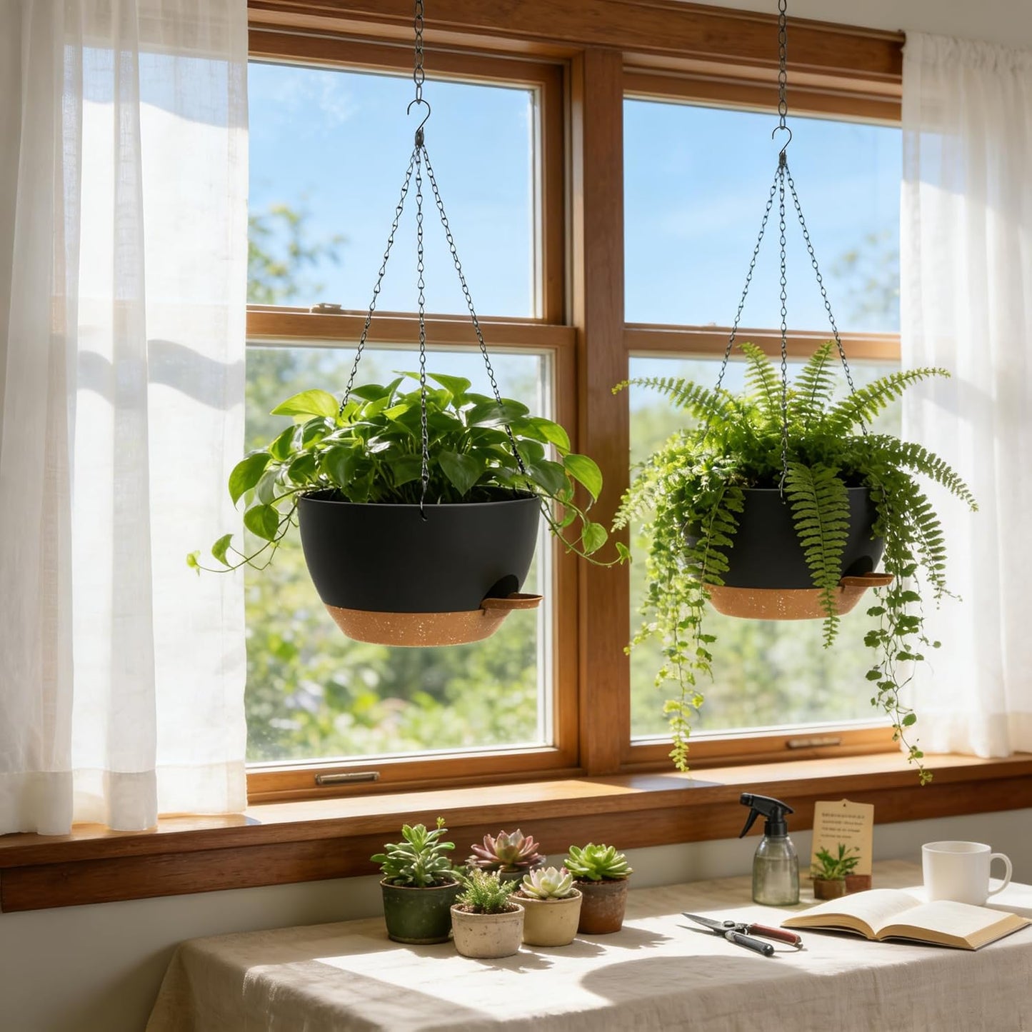 UOUZ 13 Inch 2 Pack Large Self Watering Hanging Planters for Indoor Outdoor Plants, Hanging Plant Pots with Removable 50 Oz Reservoir, Plastic Hanging Basket for Window Porch Garden Balcony, Black