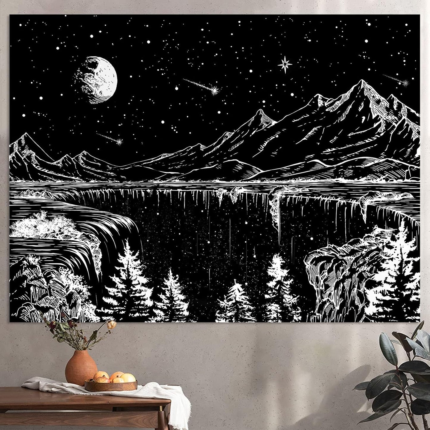 Zussun Black and White Tapestry Starry Night Mountain Tapestries for Bedroom Aesthetic Moon and Stars Tapastry's Wall Hanging Dark Nature Forest Wall Tapestry for Living Room Dorm (48'' × 36'')