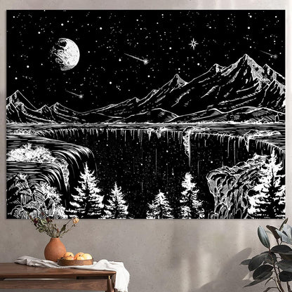 Zussun Black and White Tapestry Starry Night Mountain Tapestries for Bedroom Aesthetic Moon and Stars Tapastry's Wall Hanging Dark Nature Forest Wall Tapestry for Living Room Dorm (48'' × 36'')