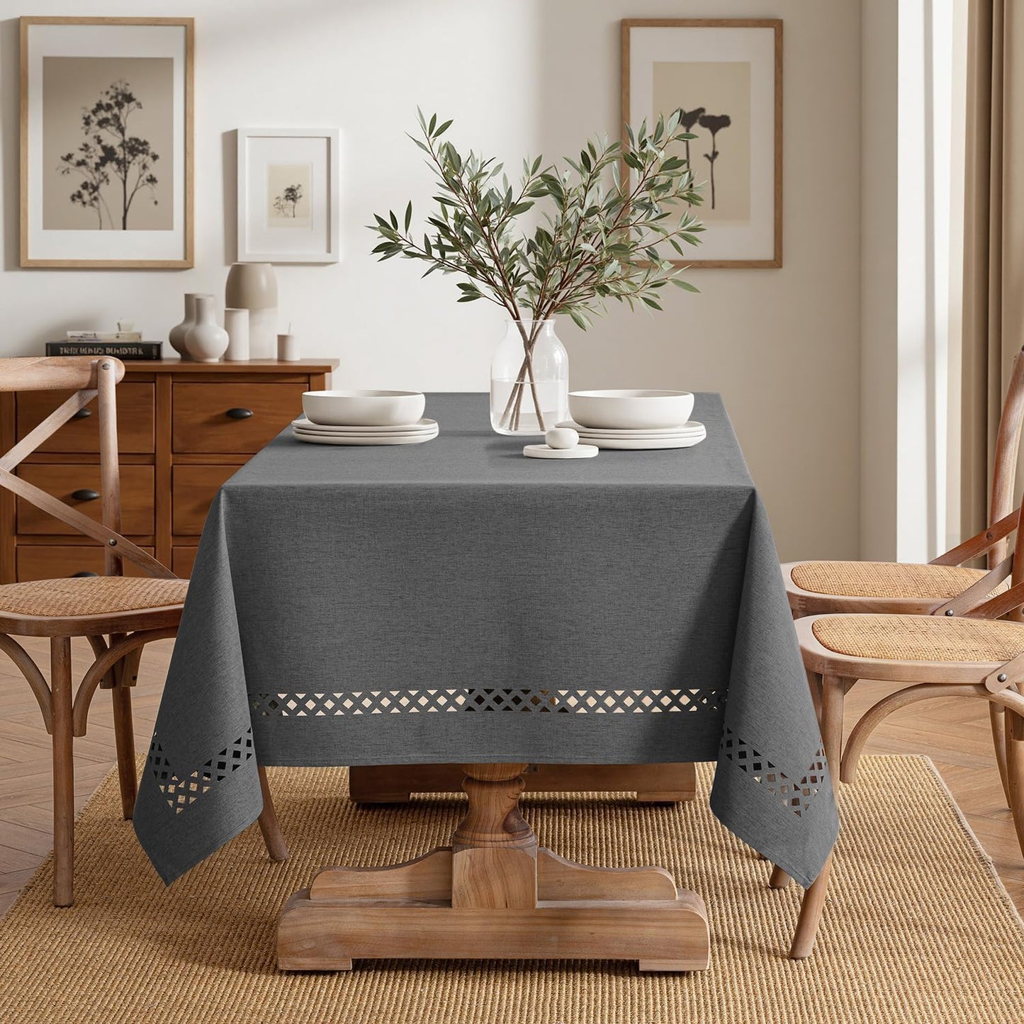 MIULEE Beige Rectangle Linen Polyester Tablecloth with Decorative Cutouts Spring Waterproof Stain Resistant & Shrink-Proof Table Cloth 52x70 inch Farmhouse Style for Dining Wedding and Outdoor
