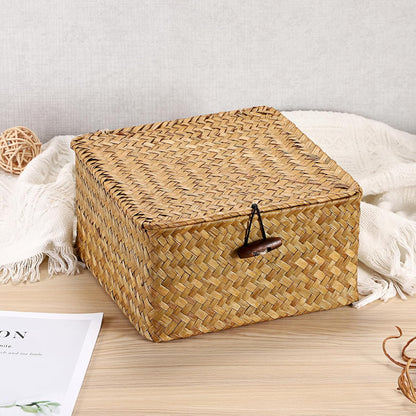 Hipiwe Seagrass Basket with Lid Wicker Storage Basket Square Handwoven Decorative Baskets Box for Shelf Multipurpose Household Baskets Home Decor,X-small