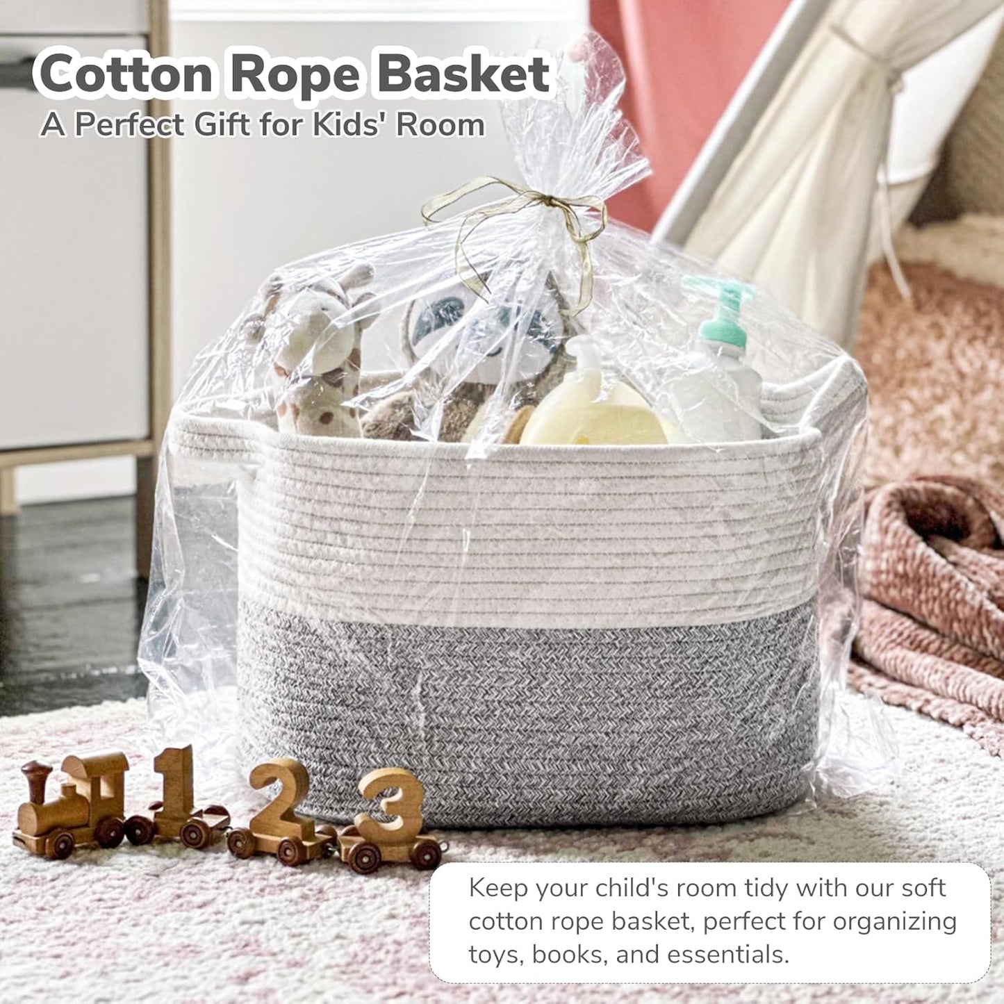 Goodpick Woven Storage Basket, Cotton Rope Basket for Dog Toys, Books, Stylish Gift Basket with Handles, 13 x 10 x 9 Inches Square Baskets for Organizing, Brown and White