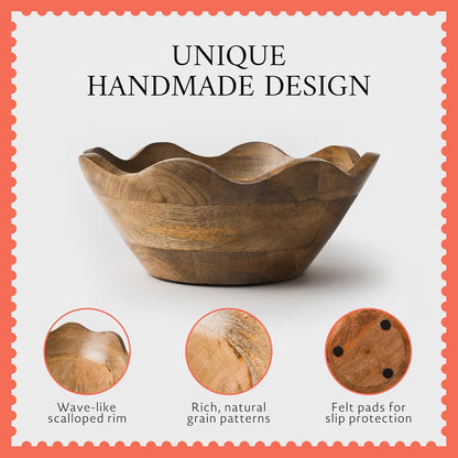Mela Artisans 12-Inch Mango Wood Scalloped Bowl - Hand-Finished Decorative Serving and Fruit Bowl with Natural Grain for Kitchen Counter, Snacks, Desserts, Bread and Home Decor Centerpiece
