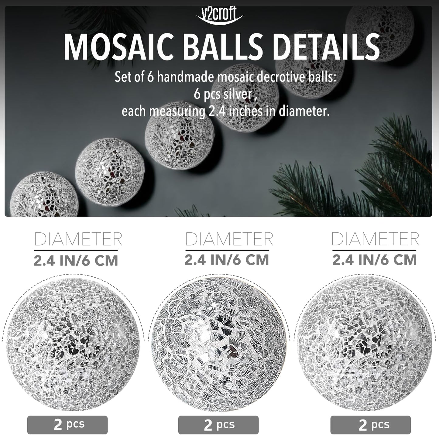 2.4 in Decorative Orbs Glass Balls Set of 6,Mosaic Sphere Globe for Whole Housewares,Wedding/Birthday,Bowls,Vases Dining Table Centerpieces (Gold)
