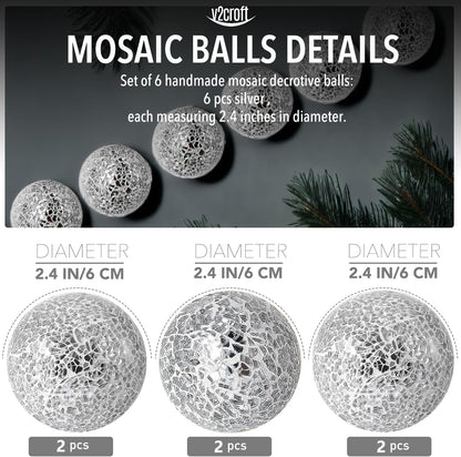 2.4 in Decorative Orbs Glass Balls Set of 6,Mosaic Sphere Globe for Whole Housewares,Wedding/Birthday,Bowls,Vases Dining Table Centerpieces (Gold)
