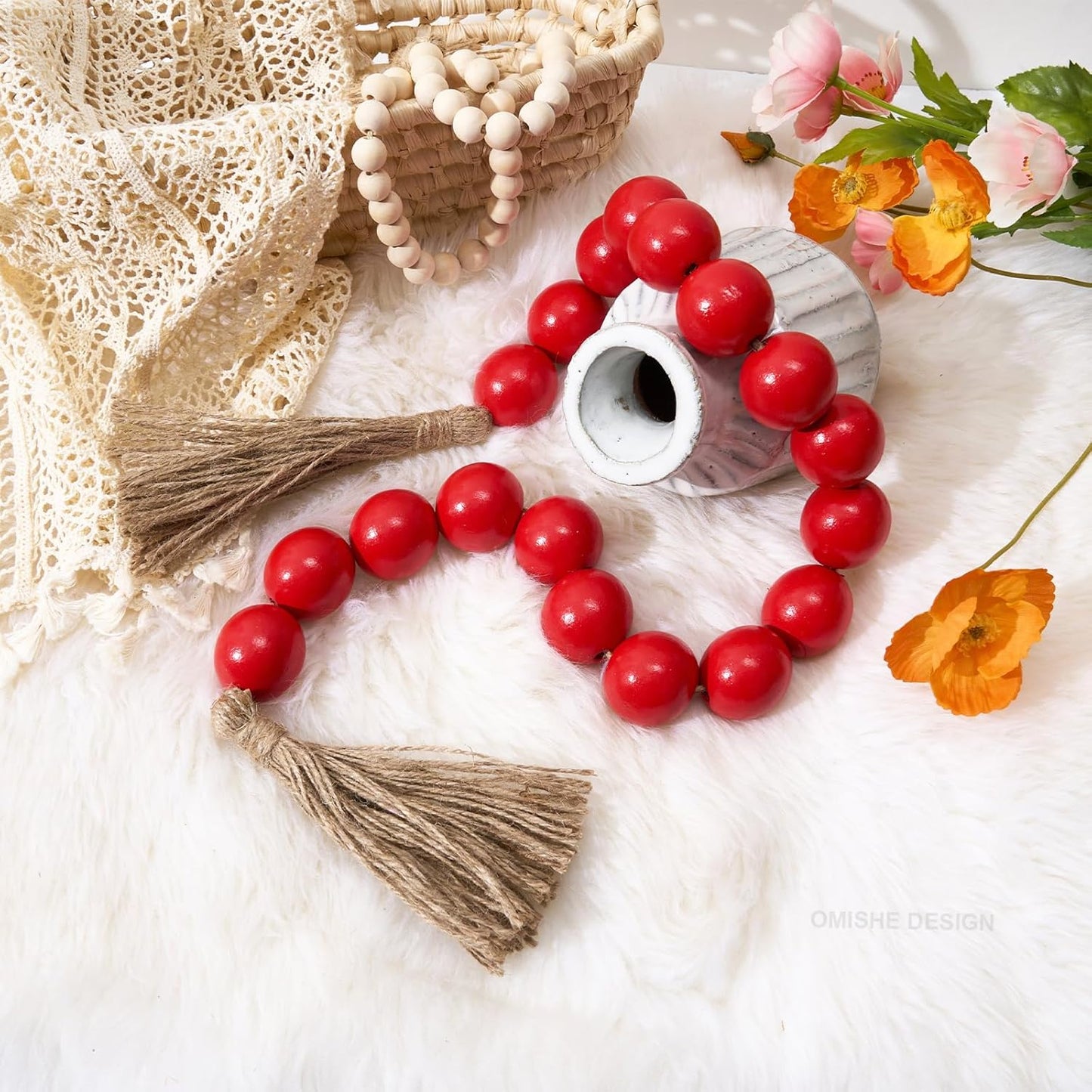 OMISHE Extra Large Wood Bead Garland with 1.6" Diameter Wooden Beads and Tassels, 41" Long Rustic Farmhouse Country Decorative Beads for Home Tiered Tray Decor, Natural Beige