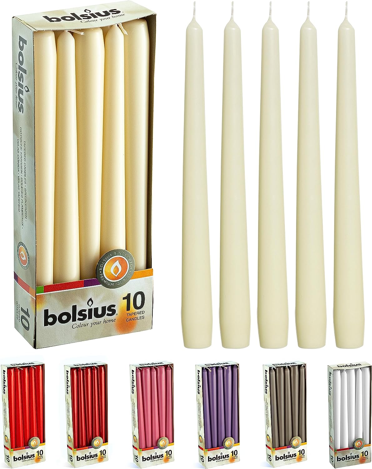 BOLSIUS Ivory Taper Candles - 10 Pack Unscented 10 Inch Dinner Candle Set - 8 Hours Burn Time - Premium European Quality - Smokeless and Dripless Household, Wedding, Party, and Home Décor Candlesticks