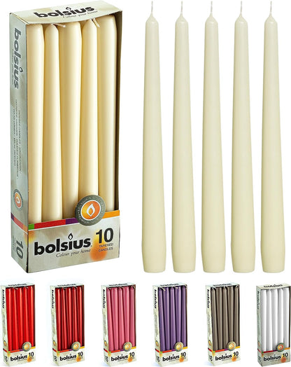 BOLSIUS Ivory Taper Candles - 10 Pack Unscented 10 Inch Dinner Candle Set - 8 Hours Burn Time - Premium European Quality - Smokeless and Dripless Household, Wedding, Party, and Home Décor Candlesticks