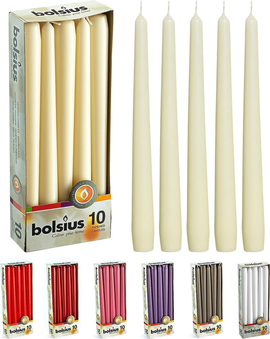 BOLSIUS Ivory Taper Candles - 10 Pack Unscented 10 Inch Dinner Candle Set - 8 Hours Burn Time - Premium European Quality - Smokeless and Dripless Household, Wedding, Party, and Home Décor Candlesticks