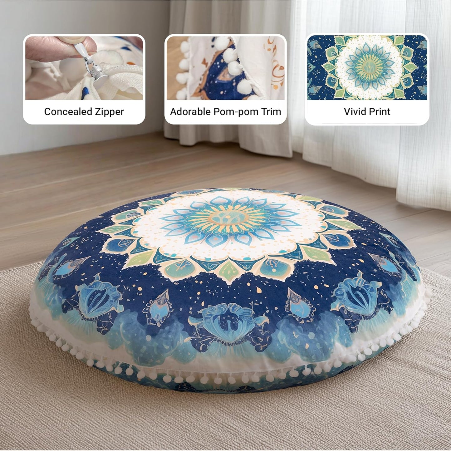 Meditation Cushion Set of 2, 32 Inch Extra Thick Memory Foam Round Floor Pillow with Removable Washable Cover, Bohemian Mandala Yoga Cushion for Adults - Ideal Holiday Decor, Brown