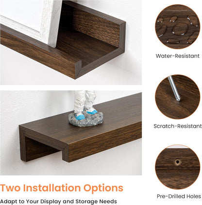 RICHFOCUS Picture Ledge Shelf, 24 inch Floating Shelves Set of 2, Wood Wall Shelves with Lip, Wall Decor Storage for Bedroom Living Room Bathroom Kitchen Nursery Photo Picture, Walnut
