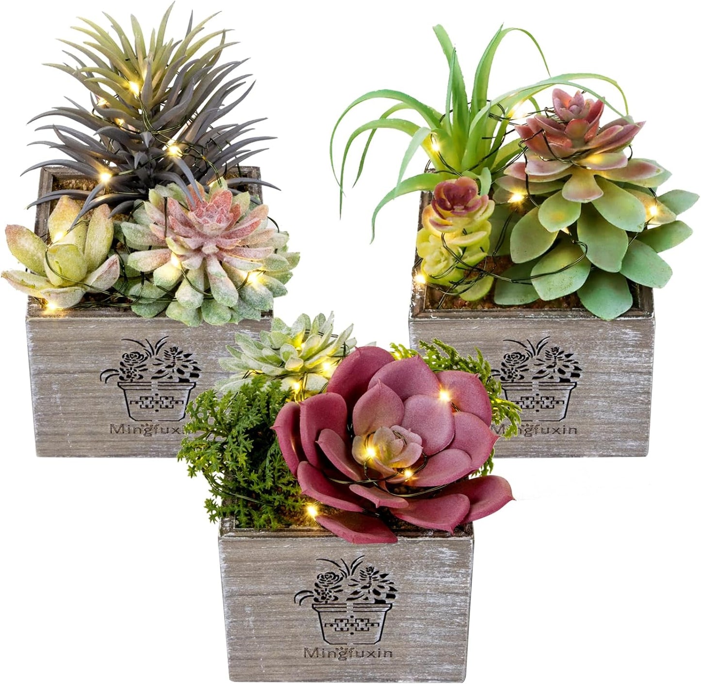 Succulent Plants Artificial, 3 Pack Small Fake Plants in Wood Pot for Home Decor, Farmhouse Artificial Plants Indoor for Living Room Bathroom Bedroom Office Kitchen Desk Wedding Coffee Table Decor