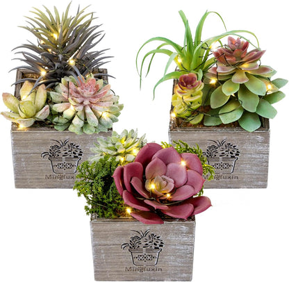 Succulent Plants Artificial, 3 Pack Small Fake Plants in Wood Pot for Home Decor, Farmhouse Artificial Plants Indoor for Living Room Bathroom Bedroom Office Kitchen Desk Wedding Coffee Table Decor