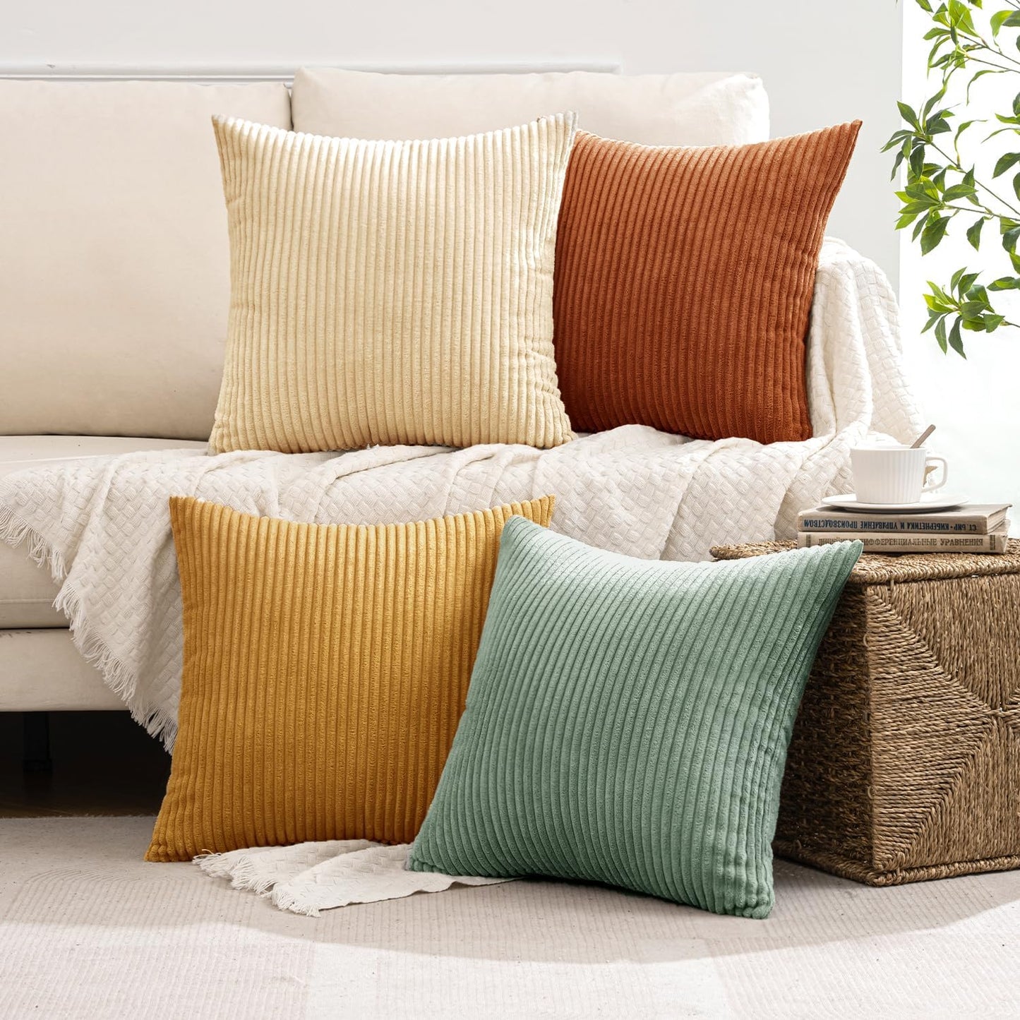 MIULEE Boho Farmhouse Sage Green Throw Pillow Covers 18x18 Inch Set of 4 Mordern Nordic Cushion Covers Soft Corduroy Spring Home Decor for Couch Bed Sofa Living Room Forest Green